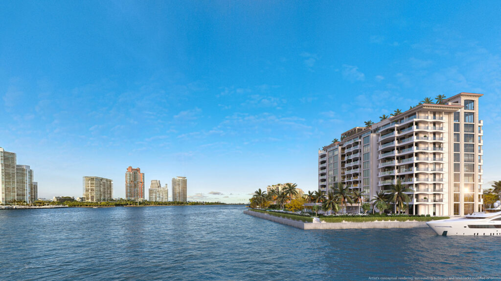 Waterfront view of Fisher Island, highlighting luxury living