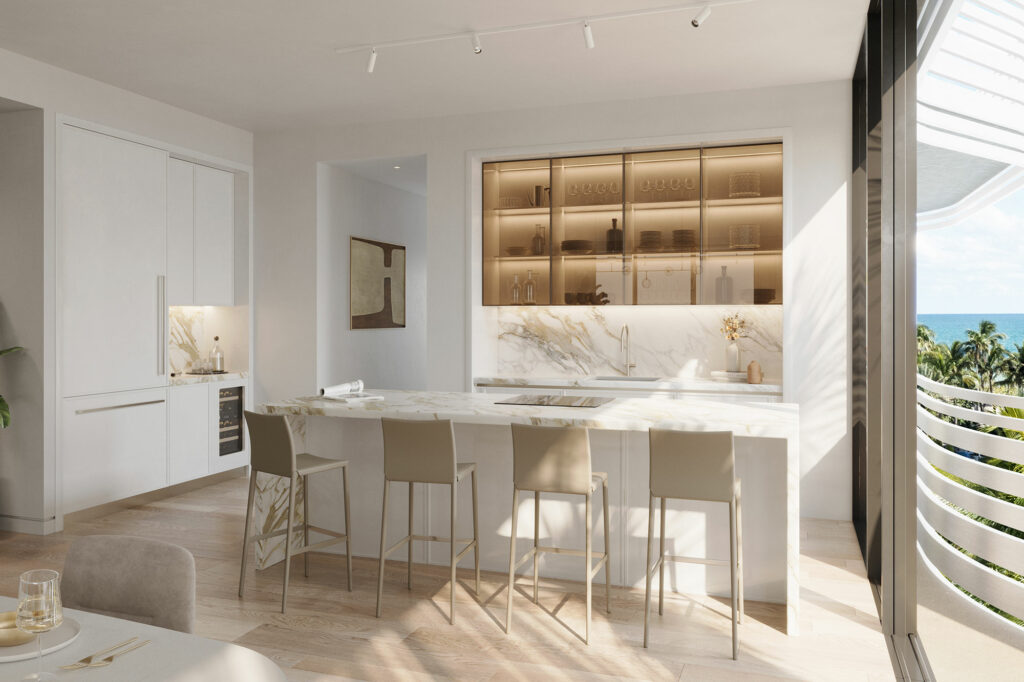 Spacious kitchen with sleek finishes and top-of-the-line appliances at Twenty-Nine Indian Creek, Miami Beach.