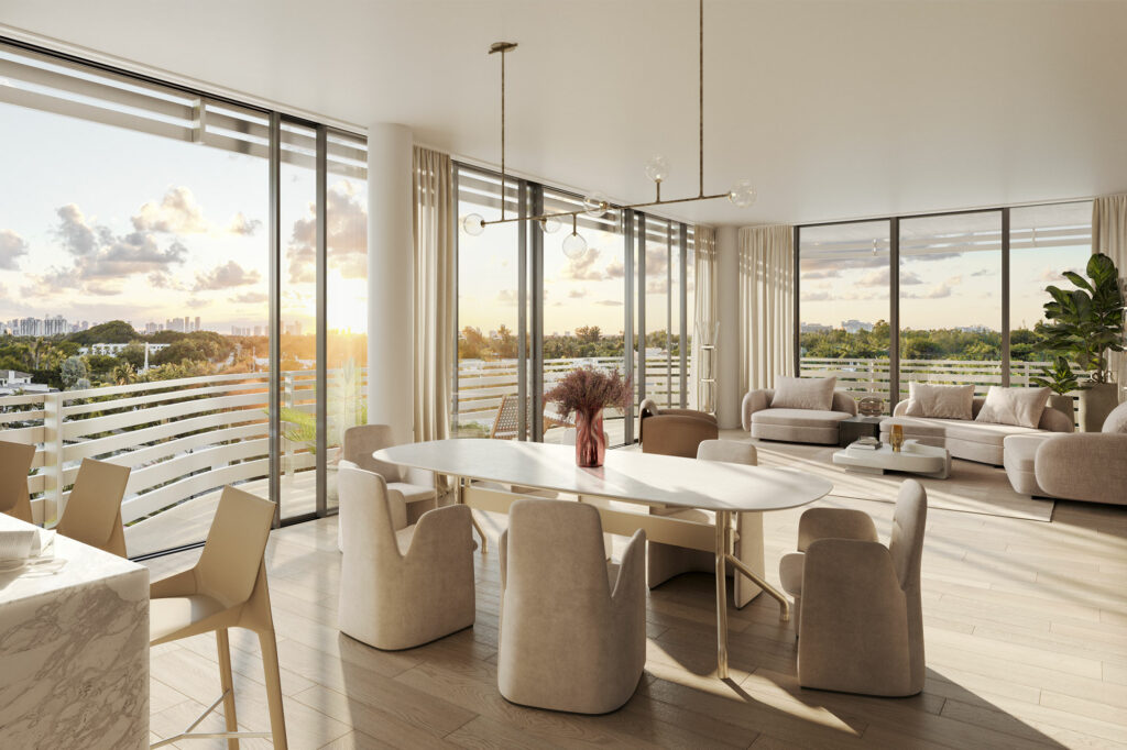 Living room at Twenty-Nine Indian Creek, Miami Beach, featuring modern furnishings and ocean views.