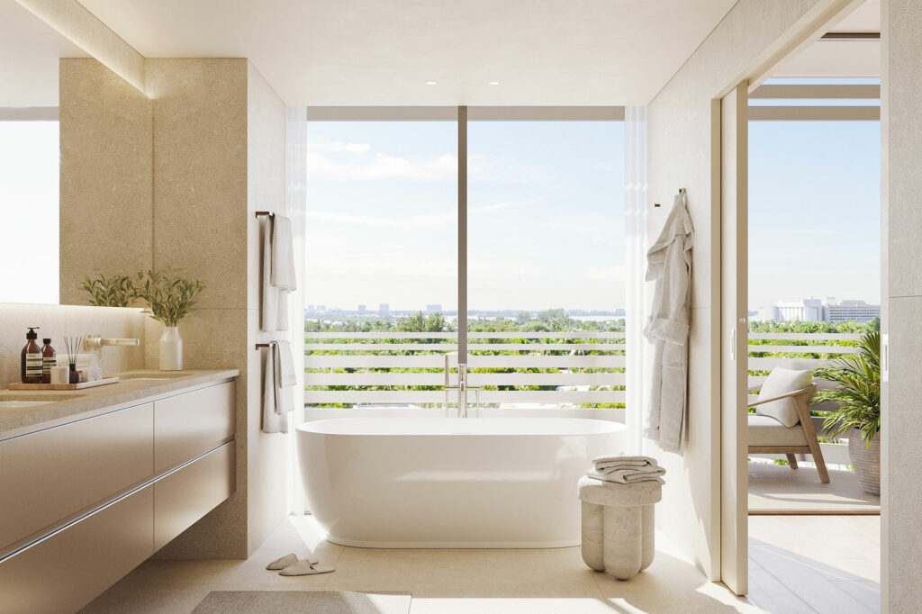 Primary bathroom at Twenty-Nine Indian Creek, Miami Beach, designed with luxurious marble finishes.