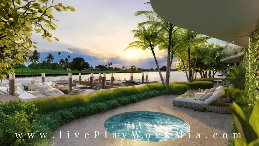 Terrace pool area with views of the Miami skyline, designed for relaxation and entertainment.